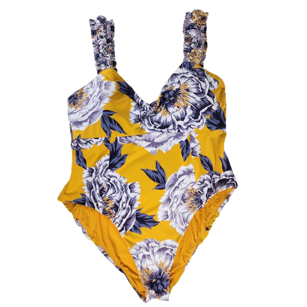 Anthropologie Maeve Heidi One Piece Swimsuit Yellow Floral Ruffle 2X NWOT